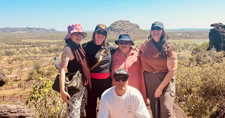 Angel Aubichon, Isidra Cruz, Jaymie Campbell, Sage Paul and Justin Jacob Lewis in mountain region of Australia.