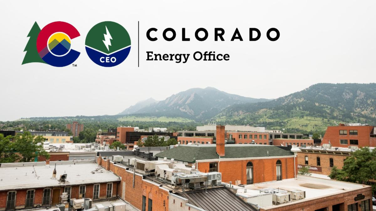 Downtown Boulder with the Flatirons in the background. Colorado Energy Office logo overlaid.