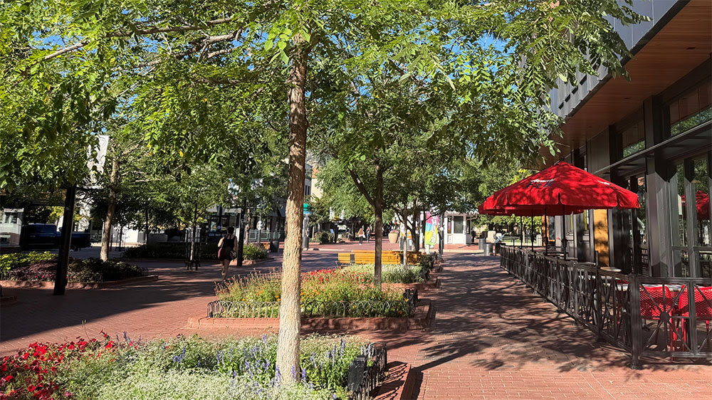 A scene from downtown Boulder including trees, flowers, and patio restaurant seating