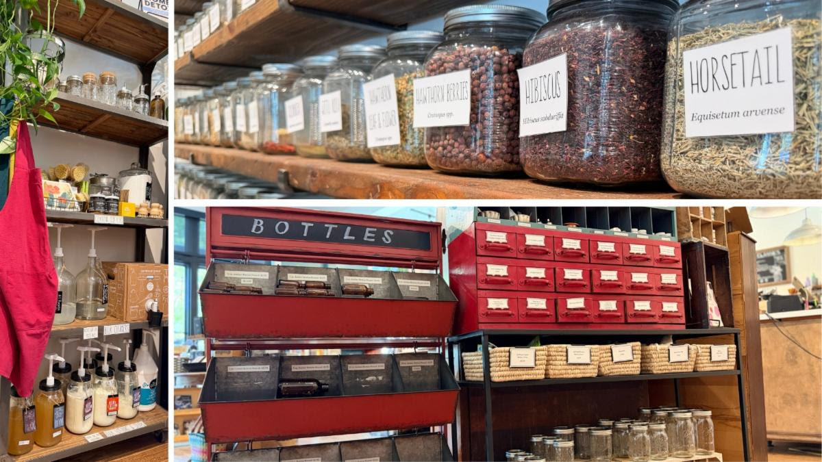 Bulk offerings at the Little Herbal Apothecary, including ball jars, bulk herbs, and bulk cleaning supplies, lotions, and soaps.