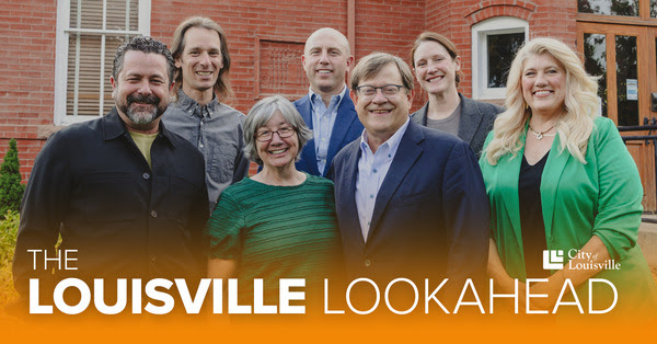 2026 photo of the Louisville City Council in front of the Louisville Center for the Arts, with the text "The Louisville Lookahead" overlaid