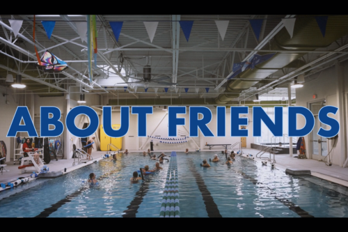 A still from the trailer of "About Friends" with the title in blue text across a shot of people swimming in a pool.