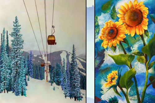 An image of two paintings, one showing a gondola on a snowy mountain and the other showing sunflowers against a blue and white background.