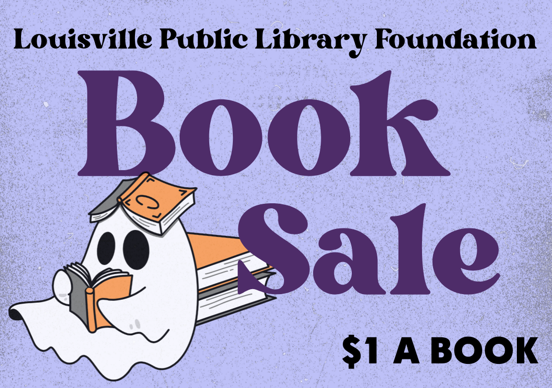 "Book Sale" graphic with ghost reading books