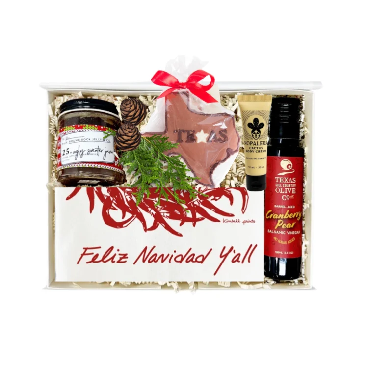 Merry Texmas holiday gift box filled with Texas-made products