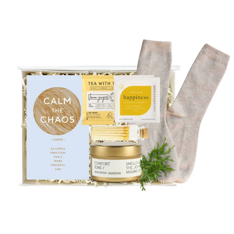 Calm The Chaos holiday gift box with cozy socks, candle, tea and mindfulness cards