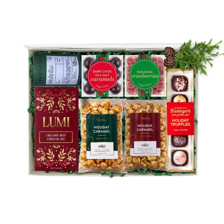 Office Cheer shareable holiday gift box with caramel popcorn, hot cocoa mix, tea, holiday truffles, caramels and sugared cranberries