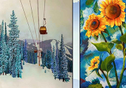 A split image shows a snowy ski lift scene on the left and a vibrant painting of sunflowers on the right.