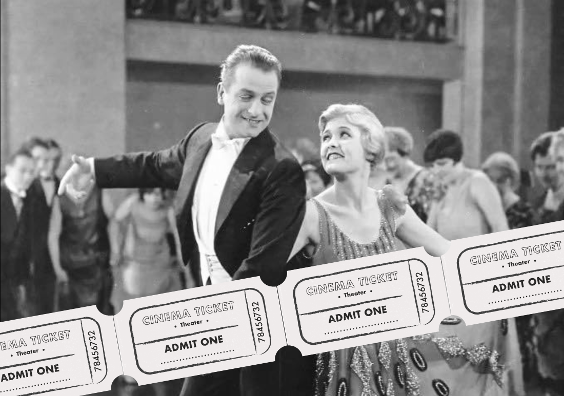 A man and woman in vintage attire dance together at a formal event, with cinema tickets digitally overlaid in the foreground.