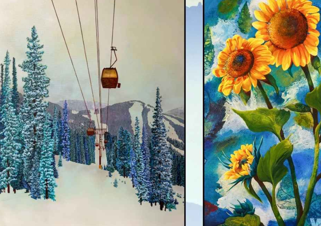 A split image shows a snowy ski lift scene on the left and a vibrant painting of sunflowers on the right.