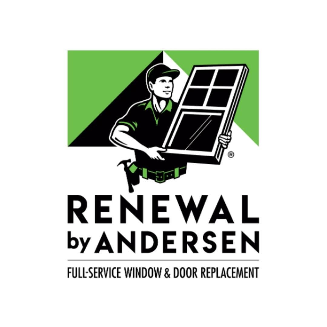 Logo of Renewal by Andersen featuring a window installer holding a window frame against green and black geometric background.
