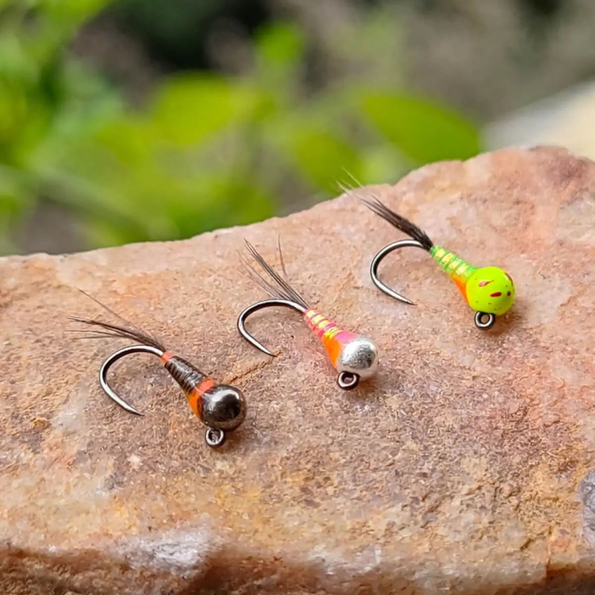 Rivfly Glow Attractor Perdigon flies in Rust, Pink, and Green