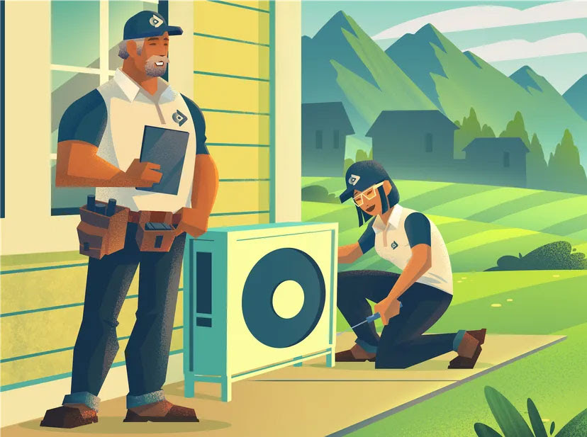 An illustration of two HVAC professionals working on a heat pump on the side of a house. Mountains are in the background.