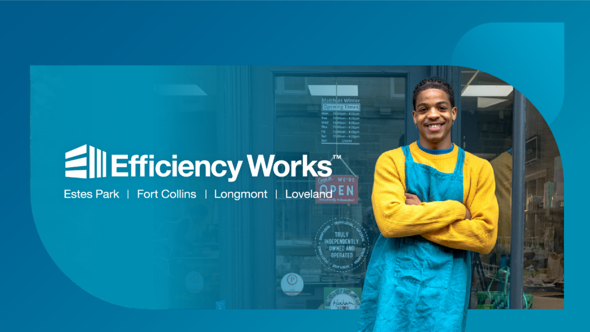 A man in a blue apron and yellow shirt stands in front of a business. The Efficiency Works logo is shown.