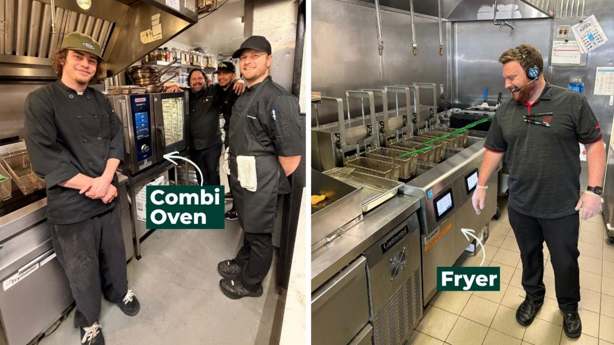 People stand in front of electric commercial kitchen equipment. An arrow points to an oven with text that reads Combi Oven. Another is labeled Fryer.