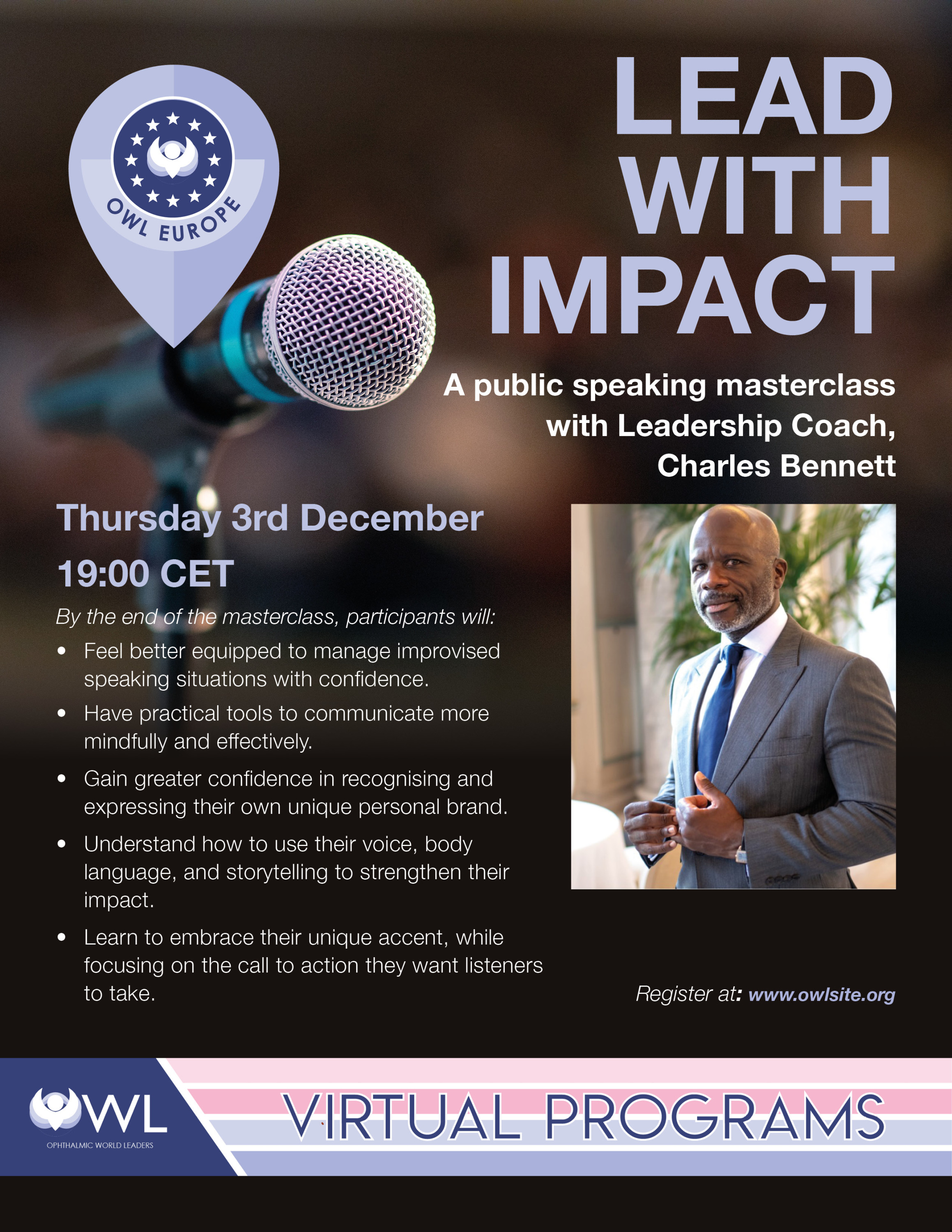 [OWL Europe Virtual Program] LEAD WITH IMPACT - A public speaking masterclass with Leadership Coach, Charles Bennett | Thursday, December 3rd, 2026; 19:00 CET/1:00 PM EST | Register to attend!