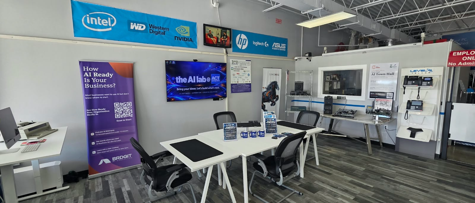 The AI Lab meeting area inside ACT Computers in Vero Beach