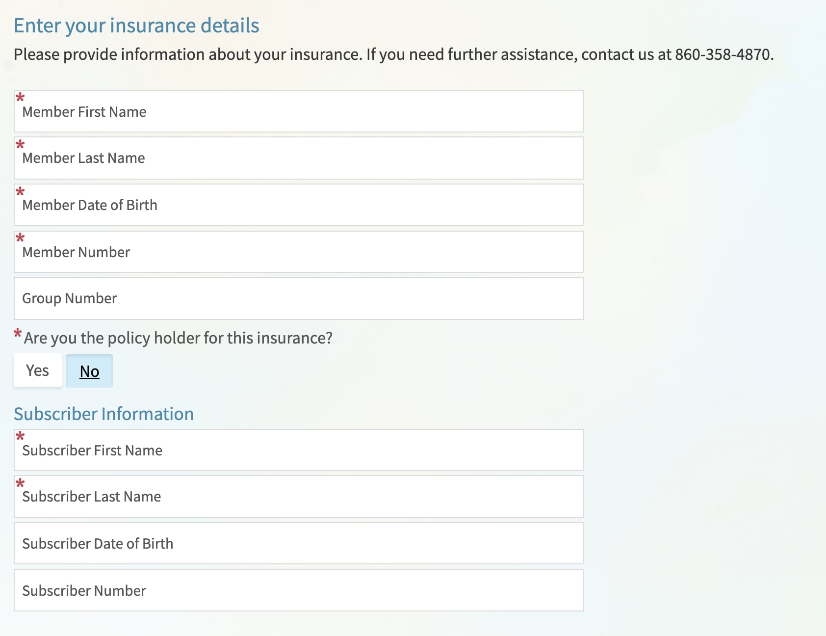 Image of insurance detail fields in Price Estimator tool.