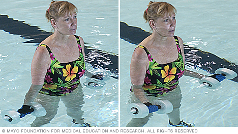 Woman doing arm exercise using water weights