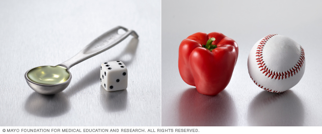 Examples of portion control cues, including a spoon, dice, pepper and baseball.