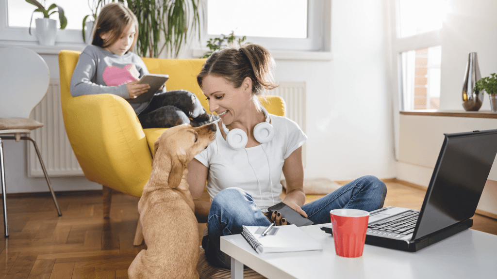 mom at home with dog and kid