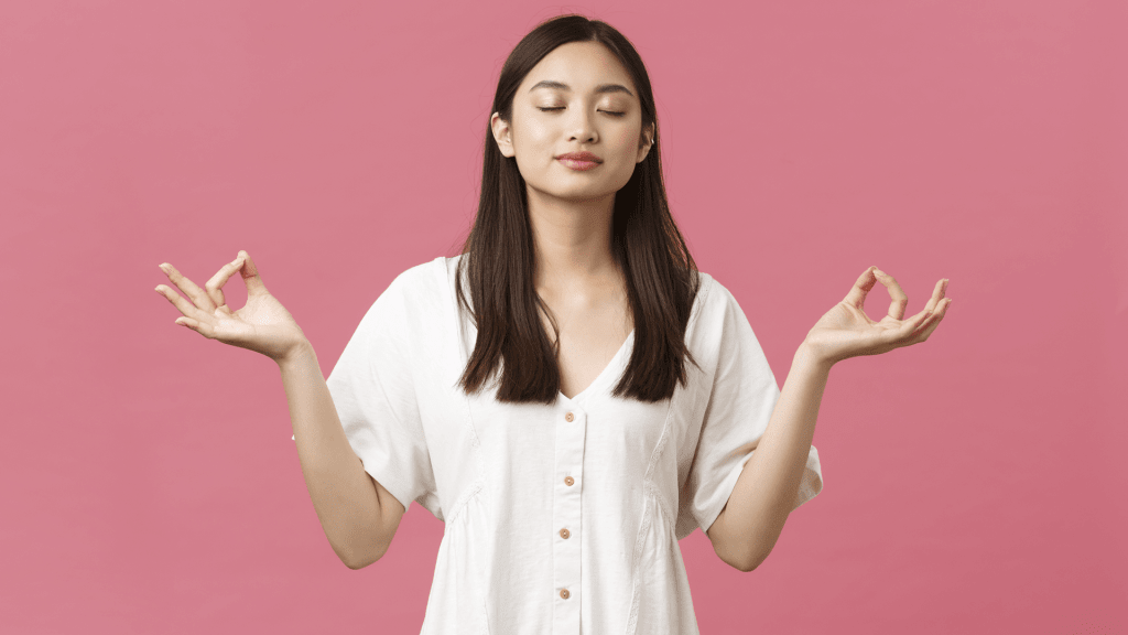 happy woman meditating breathing