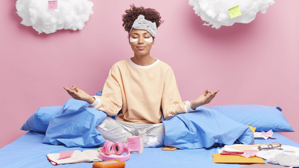 woman meditating work home
