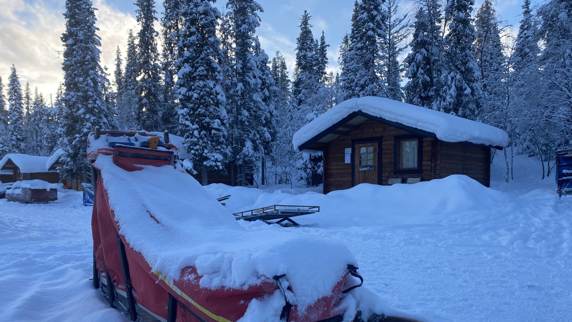 Hundeschlitten vor einer Blockhütte