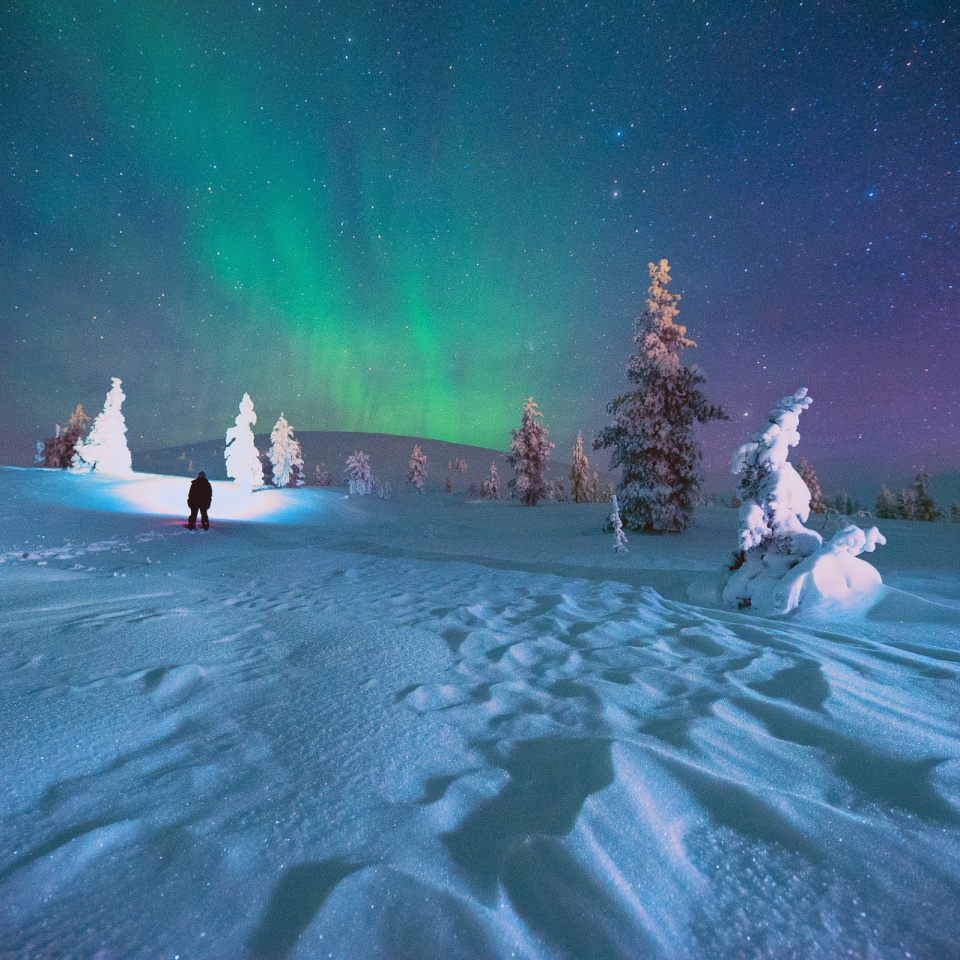 Schneeschuhwanderung unter Polarlicht