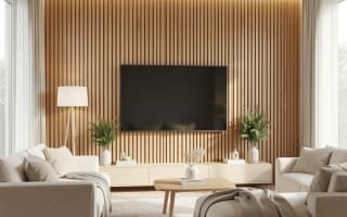 חיפוי קיר סרגלי עץ בסלון מודרני