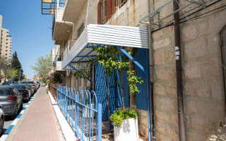 עציצים לבנים עם צמחים ירוקים ליד גדר כחולה