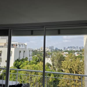 חלונות ויטרינה גדולים ונקיים בדירה המשקיפה אל נוף עירוני ירוק