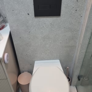 שירותים עם לחצן הדחה על קיר בטון