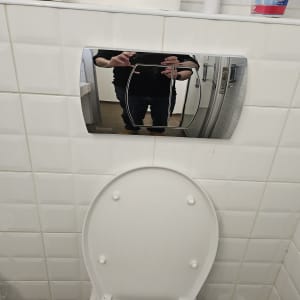 לחצן הדחה כרום מעל אסלה בחדר שירותים