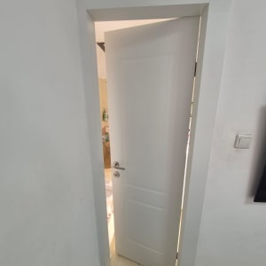 דלת לבנה פתוחה חלקית עם ידית כסופה