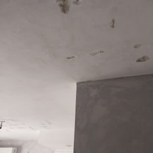 תקרה עם כתמי רטיבות וקיר צבוע אפור