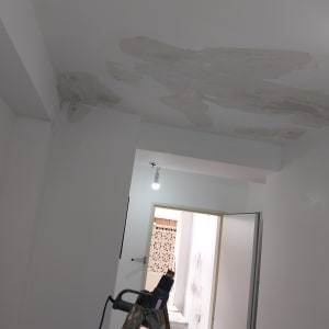 תיקוני צבע בתקרה עם סולם וכלי עבודה