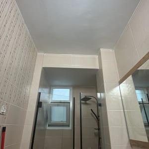 חדר אמבטיה עם מקלחון, אריחים וקיר מעוצב