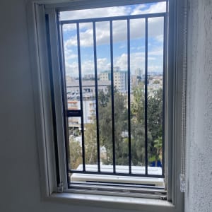 חלון עם סורגים מתכתיים ונוף עירוני ברקע