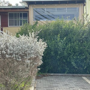 סוכך חיצוני מותקן על מבנה עם חלון גדול