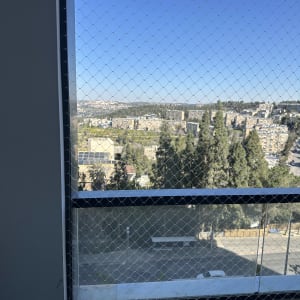 רשת הגנה על חלון עם נוף עירוני ברקע