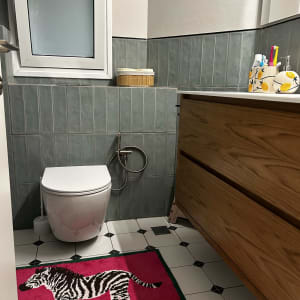 חדר אמבטיה עם שטיח זברה ורהיטים מעץ