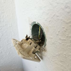 שקע חשמלי פתוח עם חוטים חשופים בקיר