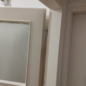 דלת לבנה עם זכוכית מחוספסת וציר מתכת