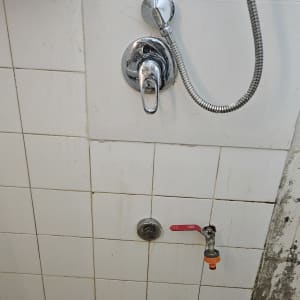 ברז מים ומקלחת על קיר אריחים