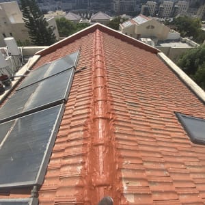 גג רעפים אדום עם קולטי שמש וחלון גג