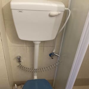 אסלה עם מיכל הדחה, מברשת ניקוי וצינור מים