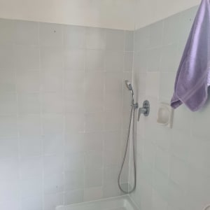 מקלחת עם ראש מקלחת ומגבת סגולה