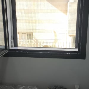 חלון אלומיניום פתוח עם נוף חיצוני