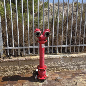 הידרנט אדום ליד גדר מתכת בשטח פתוח